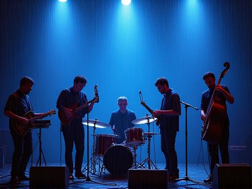 Quartetto jazz con luci soffuse blu e violette