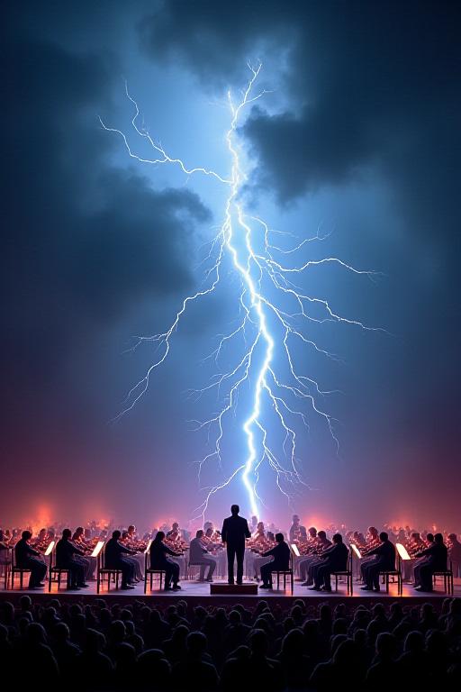 Orchestra che suona durante una scenografia con luci riflesse come fulmini